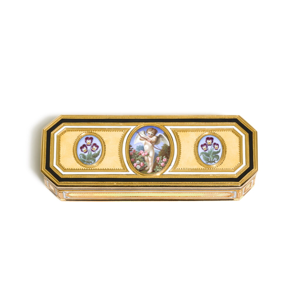 View full screen - View 1 of Lot 133. A SLENDER GOLD AND ENAMEL SNUFF BOX, MAKER’S MARK NH CROWNED AND MARKS FOR PARIS.