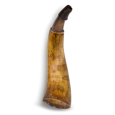 View full screen - View 1 of Lot 225. Fine and Rare American Engraved “MILK & HONEY” Powder Horn, Dated 1800.