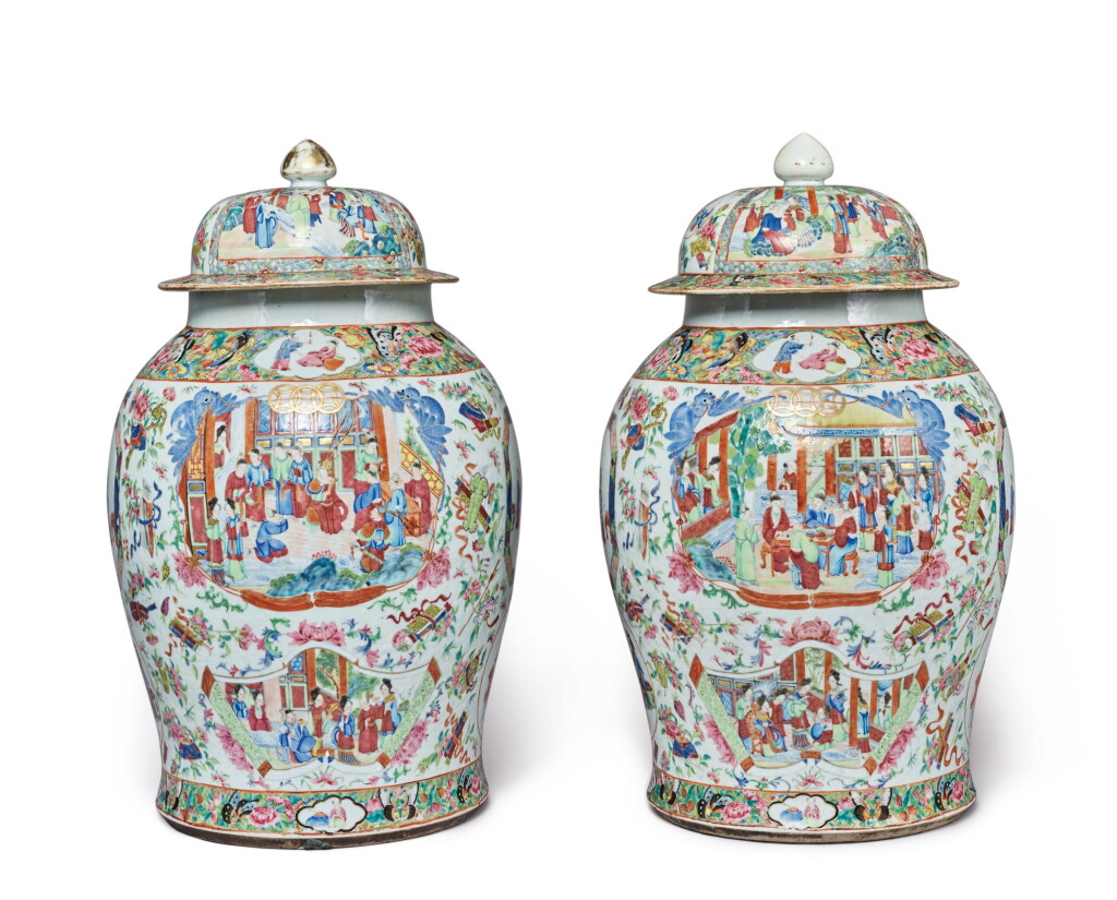 View full screen - View 1 of Lot 291. A PAIR OF CANTON FAMILLE-ROSE JARS AND COVERS, QING DYNASTY, LATE 19TH CENTURY.