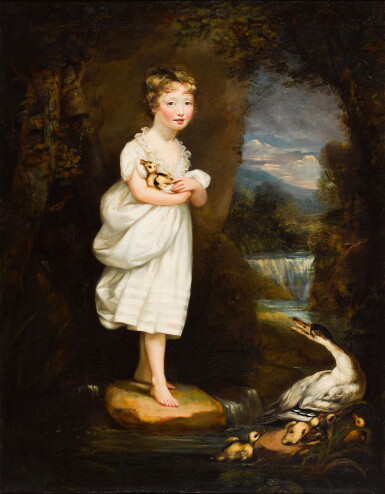 View full screen - View 1 of Lot 144. JAMES NORTHCOTE R.A. | PORTRAIT OF CHARLOTTE LEYCESTER, FULL-LENGTH, WEARING A WHITE DRESS AND HOLDING A DUCKLING.