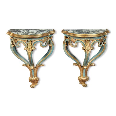 View full screen - View 1 of Lot 123. A PAIR OF ITALIAN BAROQUE BLUE-PAINTED AND PARCEL-GILT CONSOLE TABLES, SECOND QUARTER 18TH CENTURY.
