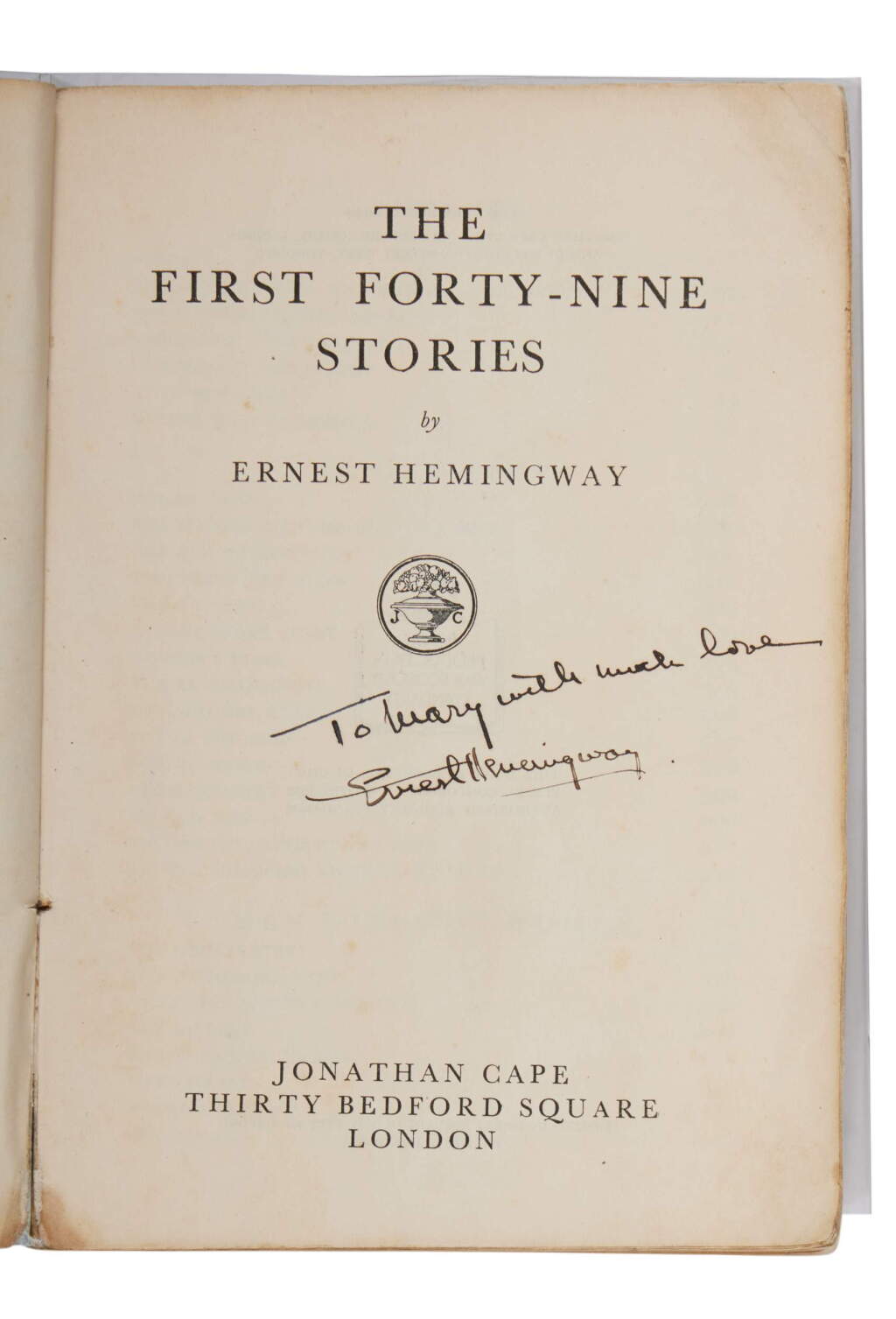 View full screen - View 1 of Lot 1132. Hemingway, Ernest | The First Forty-Nine Stories, an inscribed proof copy .