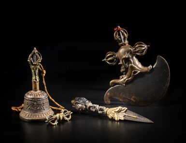View full screen - View 1 of Lot 8. A group of four copper-alloy ritual implements, Himalayan regions, 19th century | 喜馬拉雅地區 十九世紀 各式法器一組四件.