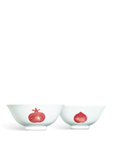 View full screen - View 1 of Lot 3655. A rare pair of copper-red decorated 'sanduo' bowls, Marks and period of Yongzheng | 清雍正 釉裏紅三多盌一對 《大清雍正年製》款.