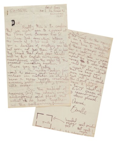 View full screen - View 1 of Lot 71. David Bowie | A Space Oddity-era letter, outlining Bowie's entrepreneurial endeavors .