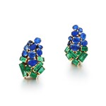 Pair of emerald and sapphire ear clips, circa 1957