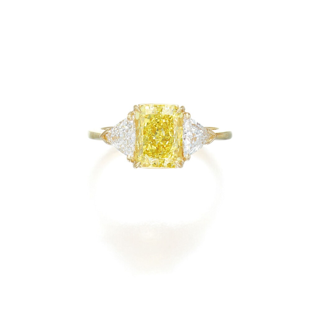 View full screen - View 1 of Lot 118. Fancy Vivid Yellow Diamond and Diamond Ring.