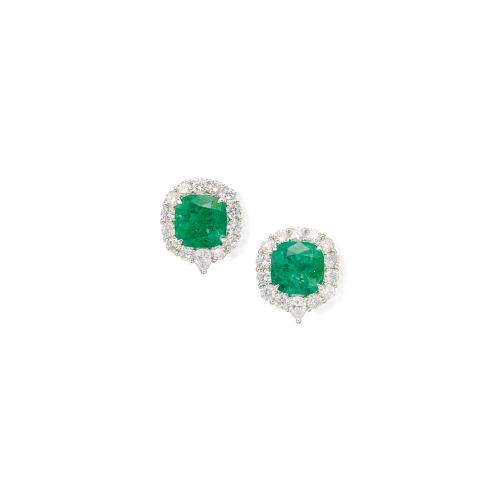 View full screen - View 1 of Lot 273. PAIR OF EMERALD AND DIAMOND EARCLIPS.