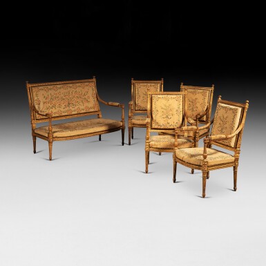 View full screen - View 1 of Lot 49. A giltwood seat furniture, Louis XVI, circa 1780, mark for the castle of Chanteloup | Mobilier de salon en bois doré d'époque Louis XVI, vers 1780, marque du château de Chanteloup.