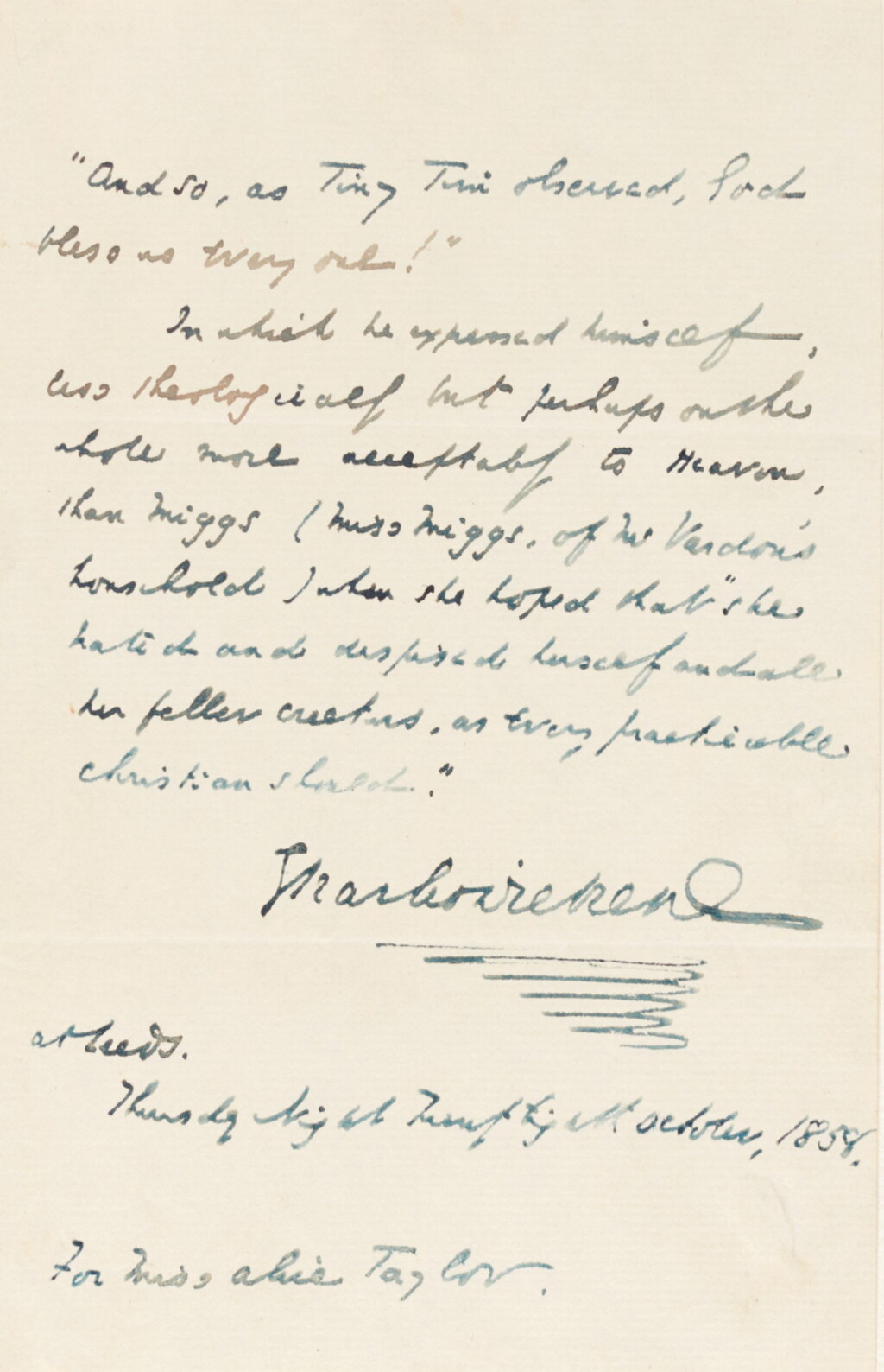 View full screen - View 1 of Lot 98. Dickens, autograph quotation signed, final line of A Christmas Carol and quote from Barnaby Rudge, 1858.