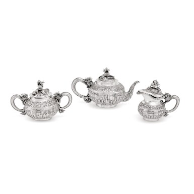 View full screen - View 1 of Lot 228. A Chinese Export Silver Three-Piece Tea Set, Marked Xianghe and Shenchang, Circa 1900.