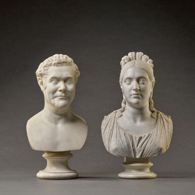 View full screen - View 1 of Lot 137. FILIPPO ALBACINI (1777-1858), ITALIAN, ROME, CIRCA 1825 | PAIR OF BUSTS OF PRINCE GIOVANNI AND PRINCESS ANNA MARIA TORLONIA.