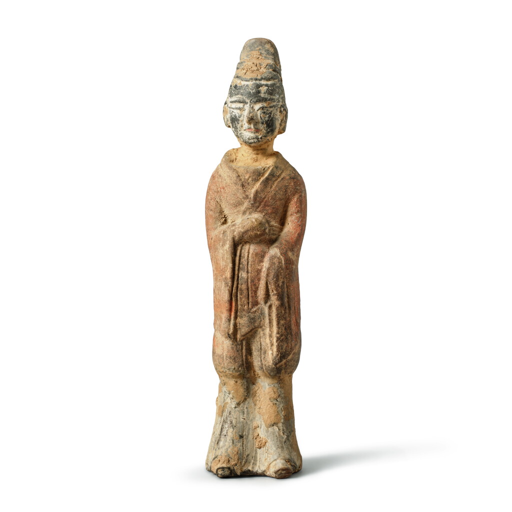 View full screen - View 1 of Lot 722. A painted pottery figure of an official, Northern Wei dynasty | 北魏 陶加彩文官立俑.