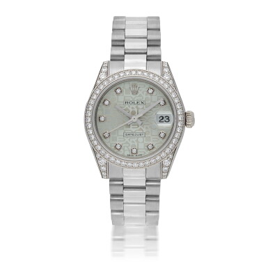 View full screen - View 1 of Lot 129. ROLEX | LADY DATEJUST, REF 178296M PLATINUM AND DIAMOND-SET WRISTWATCH WITH DATE AND BRACELET CIRCA 2007.