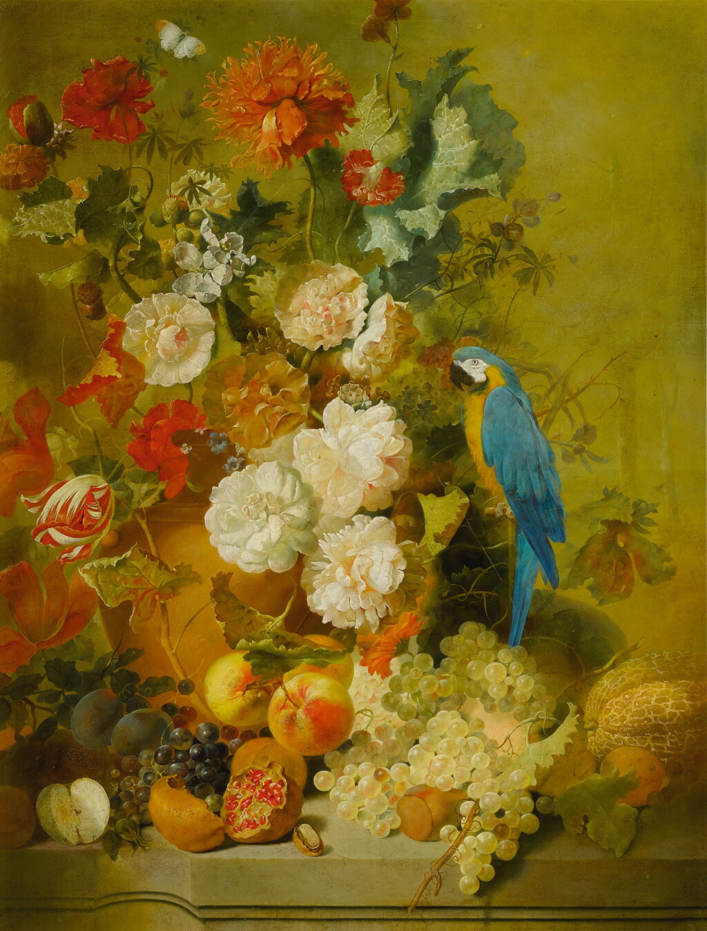 View full screen - View 1 of Lot 116. Still life of flowers and fruit on a ledge, with a blue and yellow parrot.