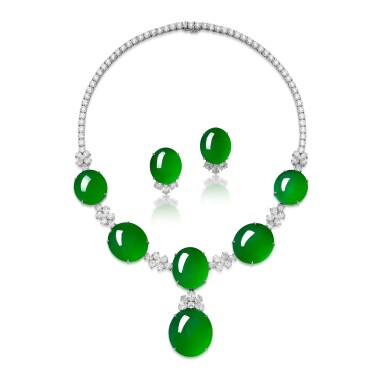 View full screen - View 1 of Lot 8002. An Impressive 'Imperial Green' Jadeite and Diamond Demi-Parure.