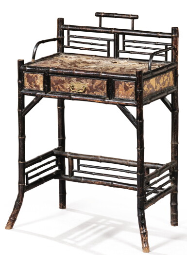 View full screen - View 1 of Lot 219. PAINTED LEATHER AND SIMULATED BAMBOO WRITING TABLE, LATE 19TH CENTURY | TABLE À ÉCRIRE EN CUIR PEINT ET BAMBOU SIMULÉ, FIN DU XIXE SIÈCLE.