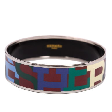 View full screen - View 1 of Lot 212. Hermès "Capitales" Wide Printed Enamel Bracelet with Palladium and Silver Plated Hardware Size GM (70).