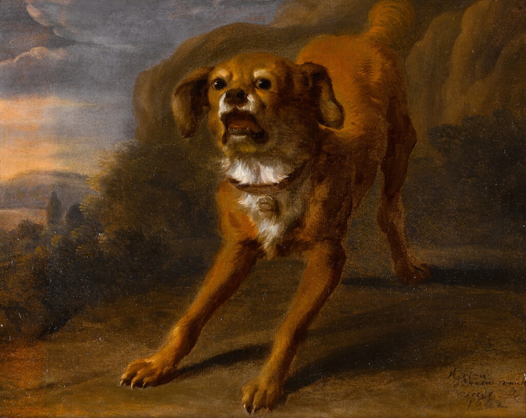 View full screen - View 1 of Lot 327. A dog barking in a landscape.