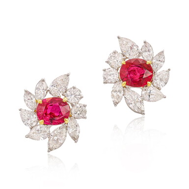 View full screen - View 1 of Lot 632. Pair of Ruby and Diamond Earrings | 1.28 及 1.15克拉 天然「緬甸」未經加熱 紅寶石 配 鑽石 耳環一對.