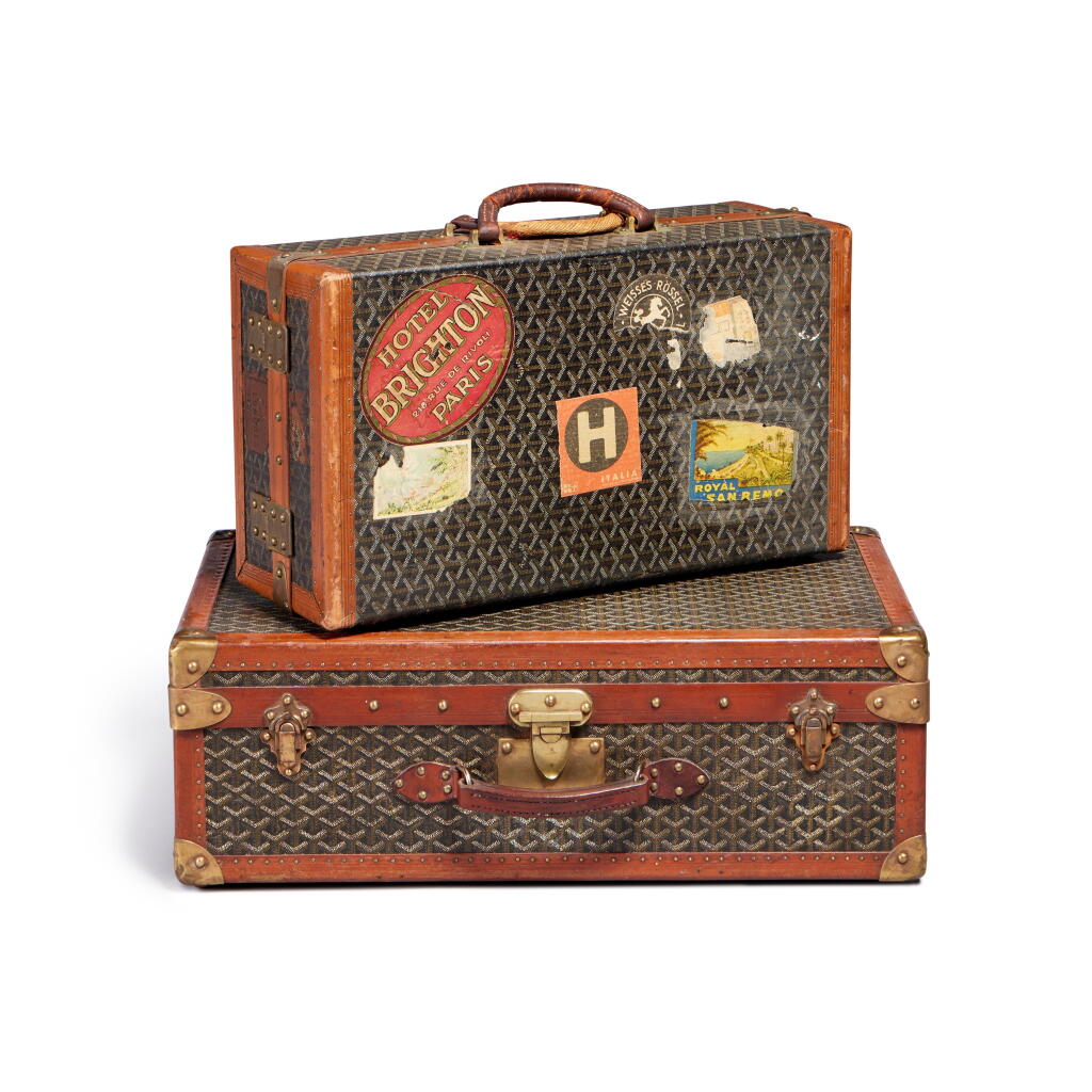 View full screen - View 1 of Lot 12. Set of Two Vintage Goyardine Canvas Shoe Case Brass Hardware and Vintage Goyardine Canvas Trunk Brass Hardware.