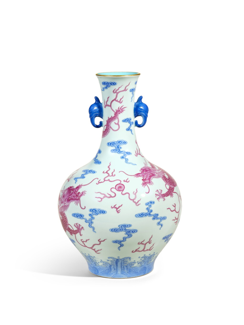 View full screen - View 1 of Lot 9848. An extremely rare puce and blue-enamelled ‘dragon’ handled vase, Seal mark and period of Qianlong | 清乾隆 胭脂紅藍料雲龍戲珠紋象耳瓶 《大清乾隆年製》款 .