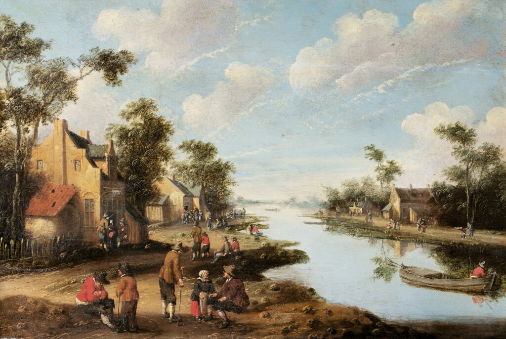 View full screen - View 1 of Lot 29. CORNELIS DROOCHSLOOT | A RIVER LANDSCAPE WITH FIGURES RESTING NEAR AN INN.
