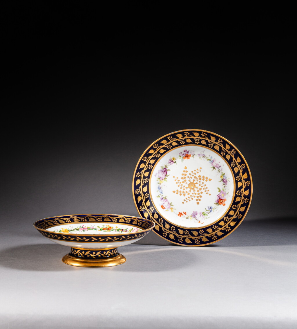 View full screen - View 1 of Lot 106. A Sèvres (hard paste) porcelain blue-ground dessert plate and compotier from the service for Napoléon I at the Palais des Tuileries, circa 1806-1808.