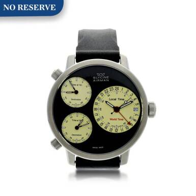 View full screen - View 1 of Lot 2. GLYCINE | REFERENCE 3829 AIRMAN A STAINLESS STEEL AUTOMATIC WRISTWATCH WITH QUADRUPLE TIME ZONE AND DATE, CIRCA 2003.