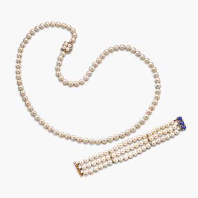 View full screen - View 1 of Lot 1505. Cultured Pearl and Diamond Necklace by Mikimoto; and a Cultured Pearl, Lapis Lazuli and Diamond Bracelet | 養殖珍珠 配 鑽石 項鏈 及 養殖珍珠 配 青金石 及 鑽石 手鏈.