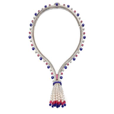 View full screen - View 1 of Lot 120. Lapis Lazuli, Pink Tourmaline, Cultured Pearl and Diamond 'Zip' Necklace-Bracelet Combination, France.