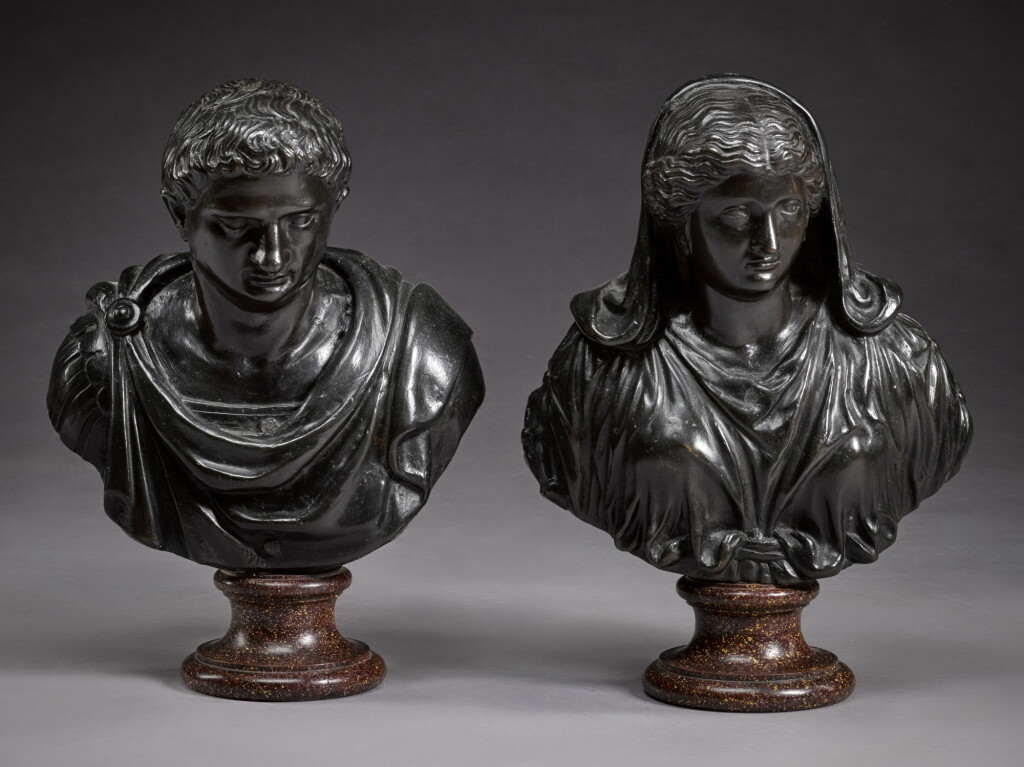 View full screen - View 1 of Lot 153. Pair of all'antica busts of a man and a woman.