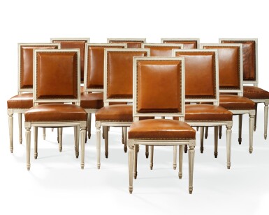 View full screen - View 1 of Lot 207. A set of twelve Louis XVI style white painted chairs, late 19th century | Ensemble de douze chaises de style Louis XVI peintes en blanc, fin du XIXe siècle.