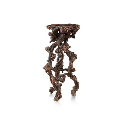 View full screen - View 1 of Lot 3752. An inscribed rootwood table, Qing dynasty, dated to the renyin year (1782), signed Liu Yong | 清壬寅(1782年) 木根雕題字隨形几 劉墉《老桂山房》款 「石庵」印.