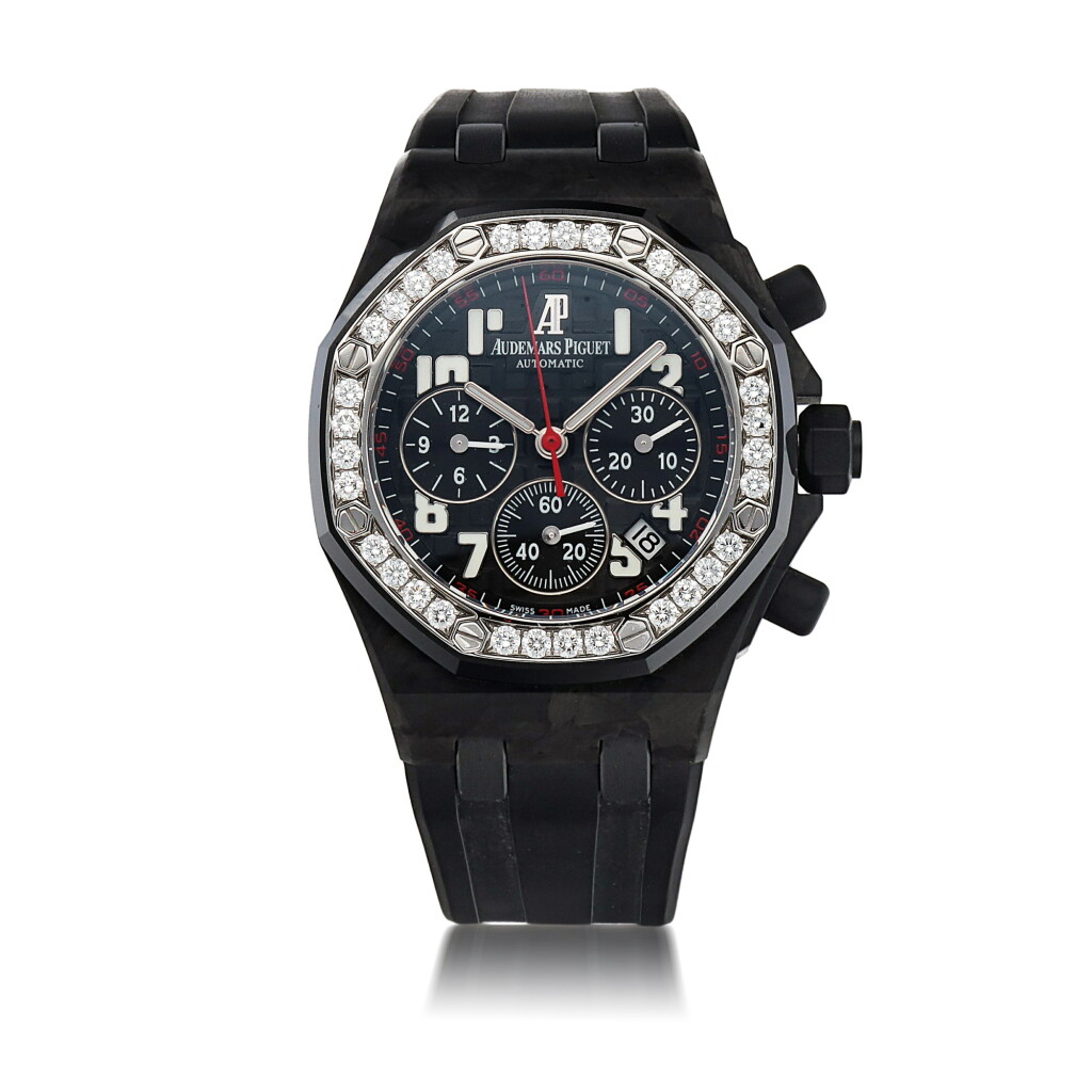 View full screen - View 1 of Lot 334. LADY ROYAL OAK OFFSHORE, REF 26267FS.ZZ.D002CA.01 FORGED CARBON AND DIAMOND-SET CHRONOGRAPH WRISTWATCH WITH DATE CIRCA 2011.