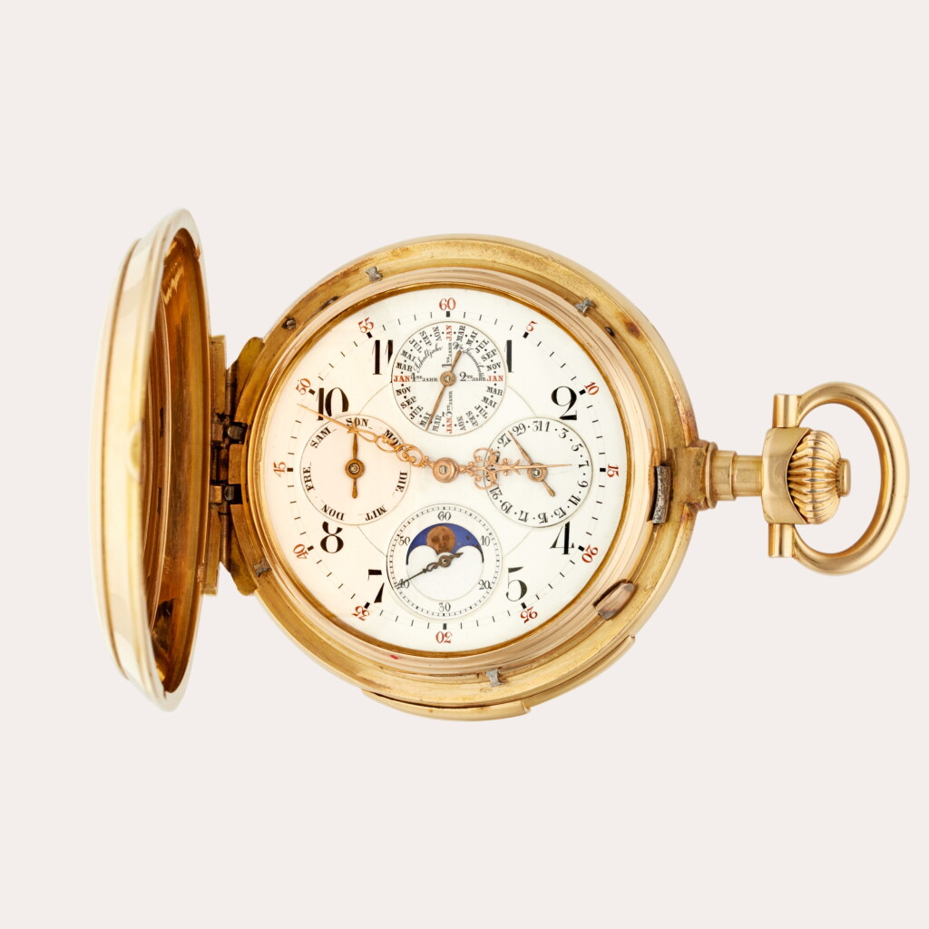 View full screen - View 1 of Lot 427. A heavy yellow gold quarter repeating perpetual calendar hunting case watch with moon phases and leap year indication, Circa 1890.