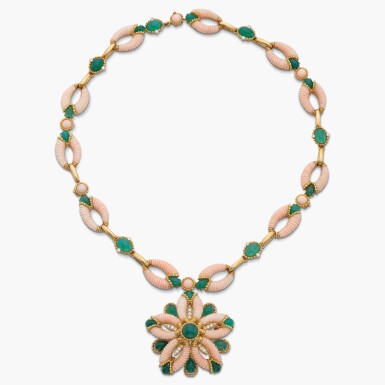 View full screen - View 1 of Lot 795. Coral, Chrysoprase and Diamond Pendent Necklace.