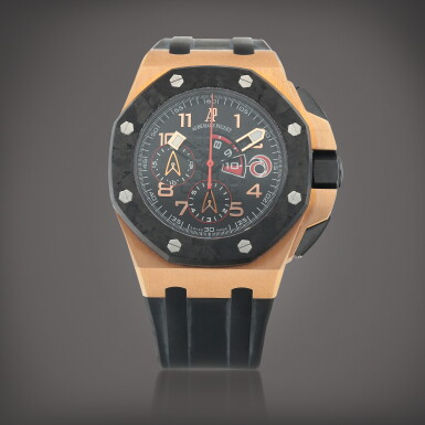 View full screen - View 1 of Lot 357. Royal Oak Offshore 'Alinghi Team', Ref. 26062OR.OO.A002CA.01 | A pink gold and carbon fiber flyback chronograph wristwatch with 10-minute countdown | Circa 2008.