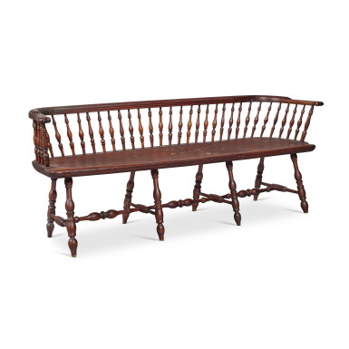 View full screen - View 1 of Lot 131. Important Mahogany Finished Low-Back Knuckled Windsor Settee, Frederick County, Maryland, Circa 1800.