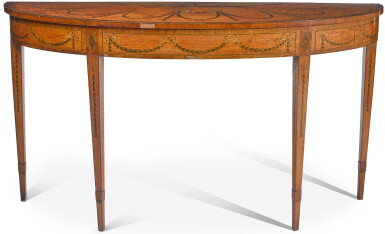 View full screen - View 1 of Lot 77. A GEORGE III TULIPWOOD CROSSBANDED AND INLAID SATINWOOD SEMI-ELIPTICAL PIER TABLE, CIRCA 1780.
