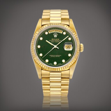 View full screen - View 1 of Lot 2235. Day-Date, Reference 18238 | A yellow gold and diamond-set wristwatch with day, date, bloodstone dial and bracelet, Circa 1996 | 勞力士 | Day-Date 型號18238 | 黃金鑲鑽石鏈帶腕錶,備日期、星期顯示及血石錶盤,約1996年製.