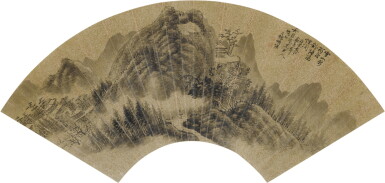 View full screen - View 1 of Lot 528. Hu Huan (Qing dynasty), Mountain Landscape, ink on gold-flecked paper, fan leaf | 胡煥(清) 空山新雨後 水墨金盞 扇面.