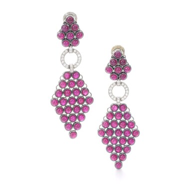 View full screen - View 1 of Lot 584. KOENIG DESIGN | RUBY AND DIAMOND PENDENT EAR CLIPS.