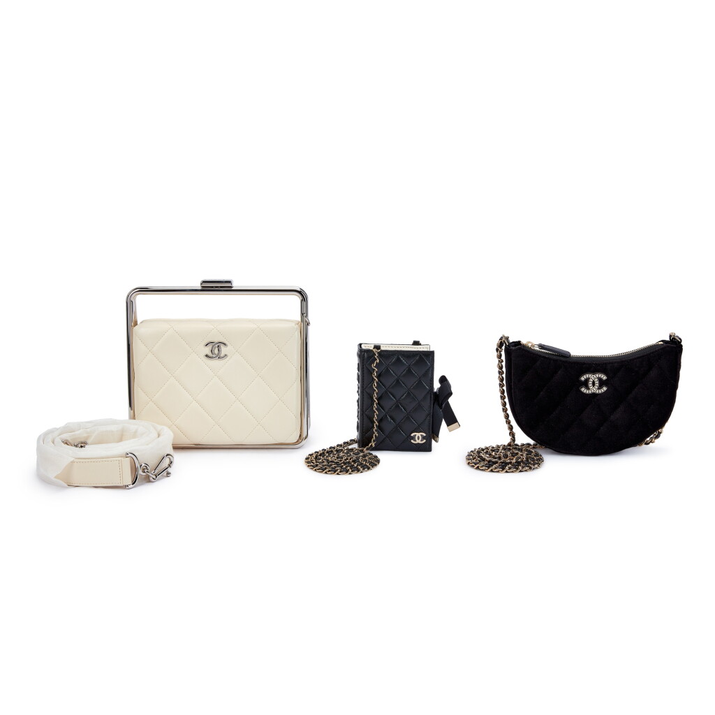 View full screen - View 1 of Lot 9814. Set of Three White Quilted Lambskin and Metal Bar Clutch Silver Hardware, Black Quilted Lambskin Card Holder Pale Gold Hardware and Black Quilted Velvet Chain Hobo Crystal and Pale Gold Hardware.