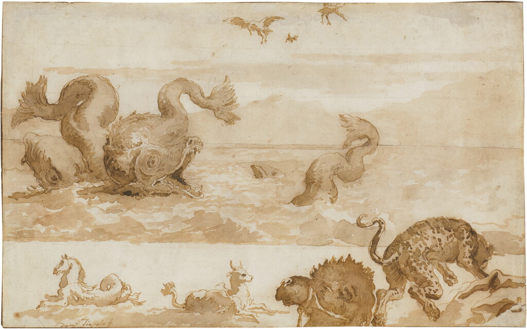 View full screen - View 1 of Lot 170. A sheet of studies including marine monsters, a leopard, the head of a camel and other animals.