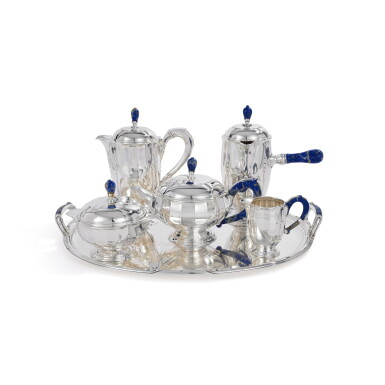View full screen - View 1 of Lot 471. A French Silver and Lapis Five-Piece Tea and Coffee Set with Matching Tray, Paul Bibollet, Paris, circa 1930.