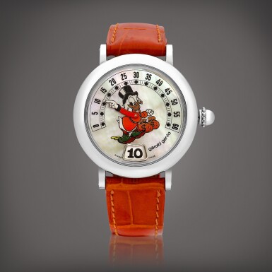 View full screen - View 1 of Lot 8768. Retro Fantasy "Scrooge McDuck", Reference G.3612 | A stainless steel jumping hours wristwatch with retrograde minutes and mother-of-pearl dial, Circa 1995 | Retro Fantasy "Scrooge McDuck" 型號G.3612 | 精鋼跳時腕錶,備逆跳分鐘及珠母貝錶盤,約1995年製.