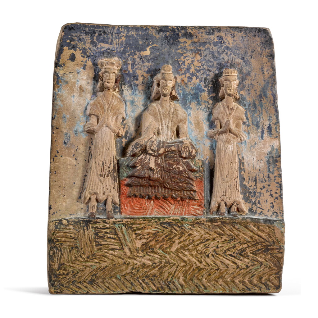View full screen - View 1 of Lot 873. A NORTHERN WEI-STYLE POLYCHROMED CARVED STONE BUDDHIST STELE.
