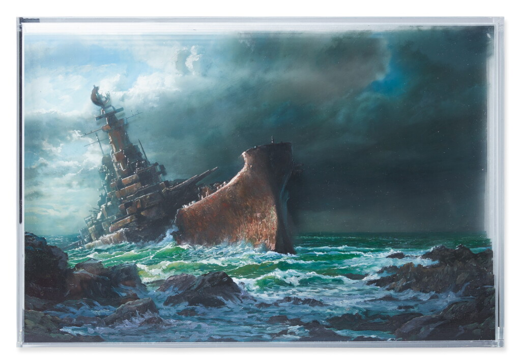 View full screen - View 1 of Lot 512. JONATHAN WATERIDGE | STUDY FOR SEASCAPE WITH WRECKED BATTLESHIP.
