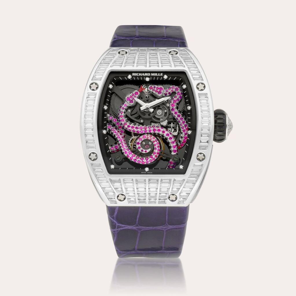 View full screen - View 1 of Lot 2246. Tourbillon Serpent, Reference RM026 A unique white diamond and ruby-set semi-skeletonised tourbillon wristwatch with power reserve indication, Circa 2011 | TOURBILLON SERPENT 型號RM026 | 獨一無二白金鑲鑽石及紅寶石半鏤空陀飛輪腕錶,備動力儲備顯示,約2011年製.
